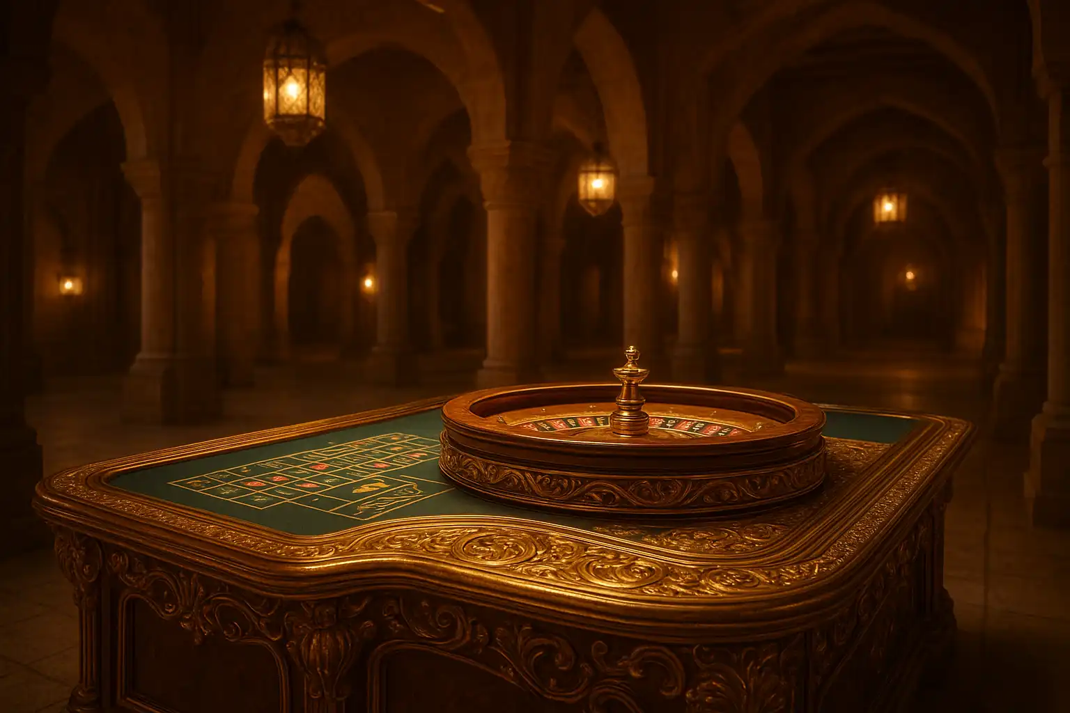 Golden roulette table under ornate lanterns inside a desert palace casino floor