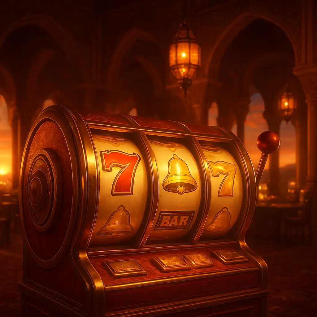 Slot reels spinning inside a golden desert palace lobby